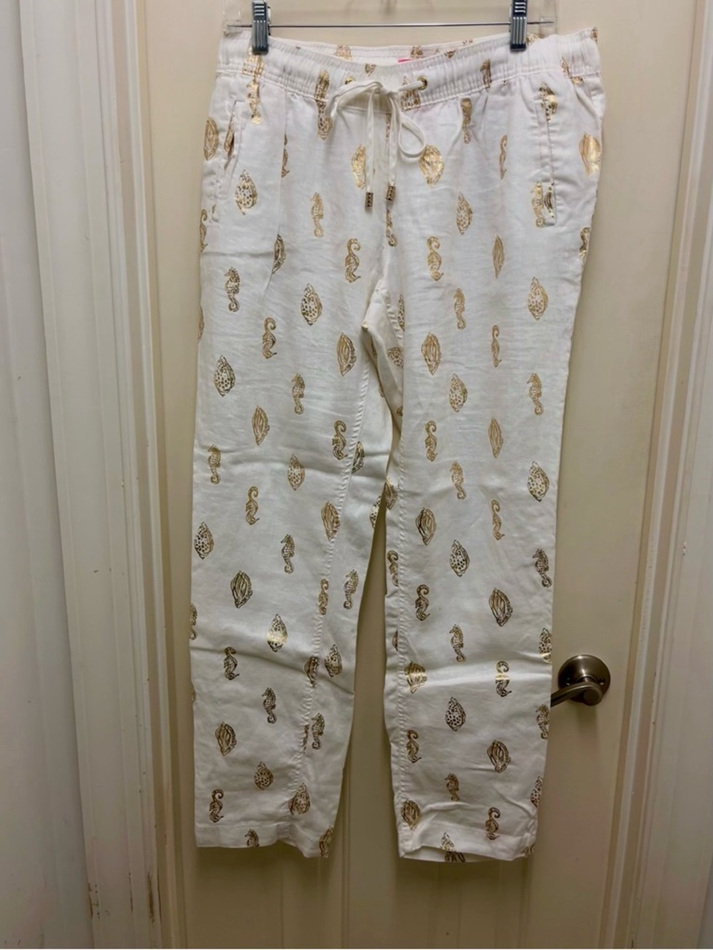Lilly Pulitzer White Drawstring linen pants with Gold Foil Shell Print